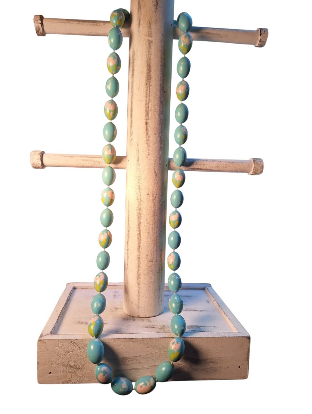 Painted Aqua Beaded Necklace Funky Fun Colorful Easter Egg Whimsical Vintage
